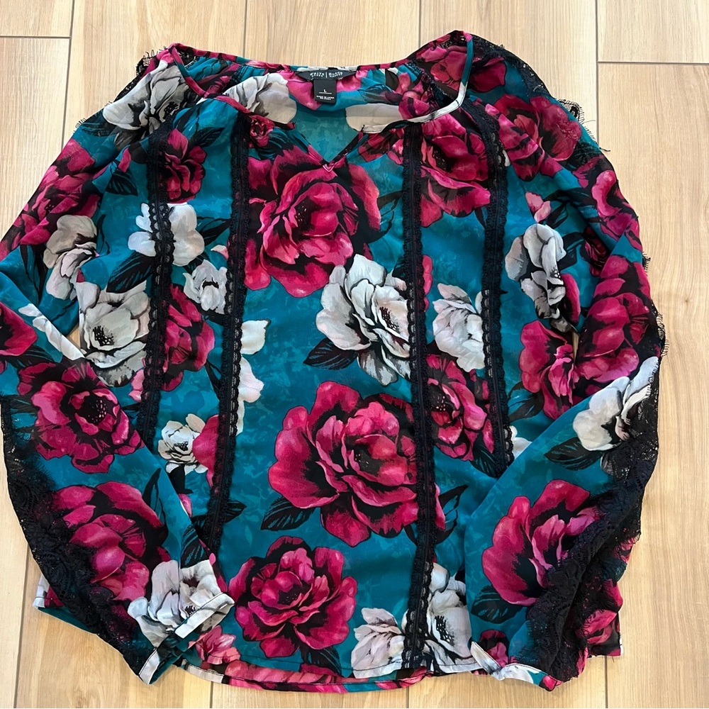 White House Black Market Floral Blouse Teal Pink Women’s Size Large Elegant Top